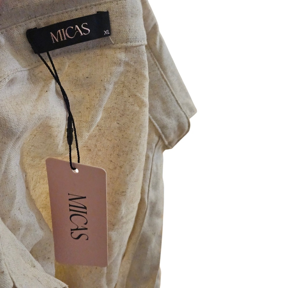 Micas Oatmeal Linen Look Cropped Wrap Blouse Short Sleeve Collared Top XL NWT - Picture 7 of 7